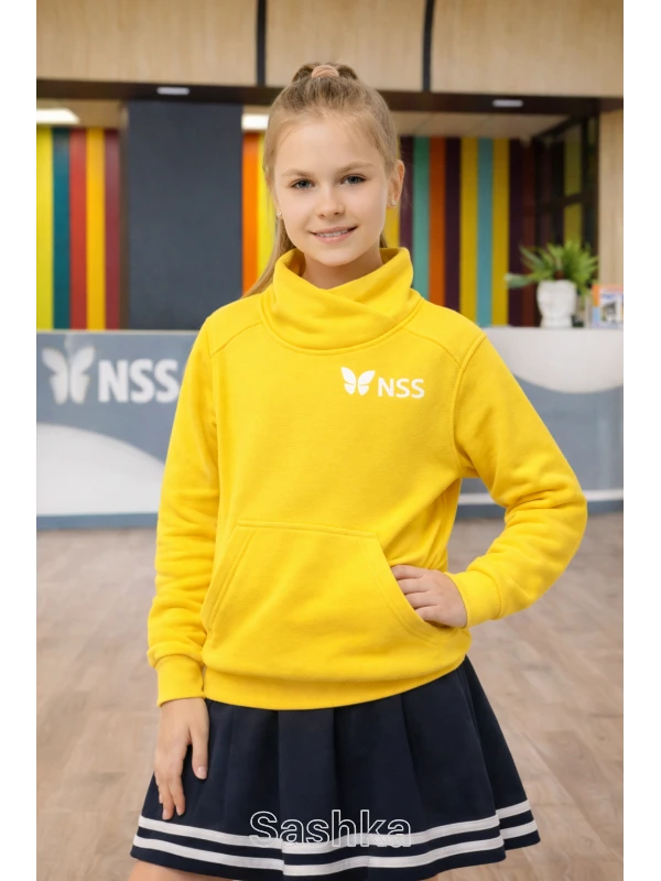 Худі УТЕПЛЕНЕ для дівчинки на флісі з коміром жовте з логотипом школи NSS, розмір 116-164